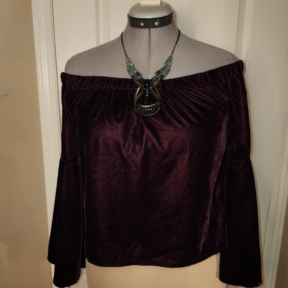 Hollister burgundy crushed velvet  bell sleeve top in size small nwt! - Picture 5 of 11